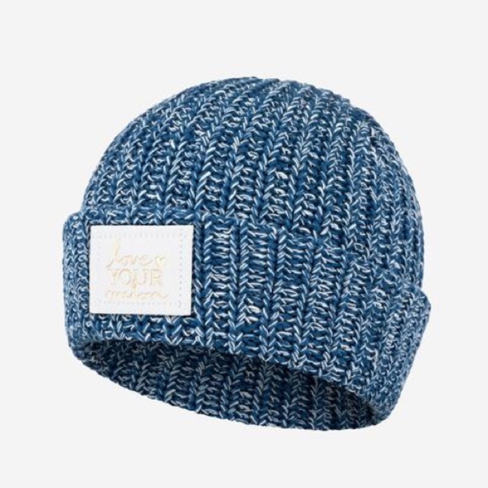 RARE LYM Blue Knit Cuffed Beanie White & Gold Foil
